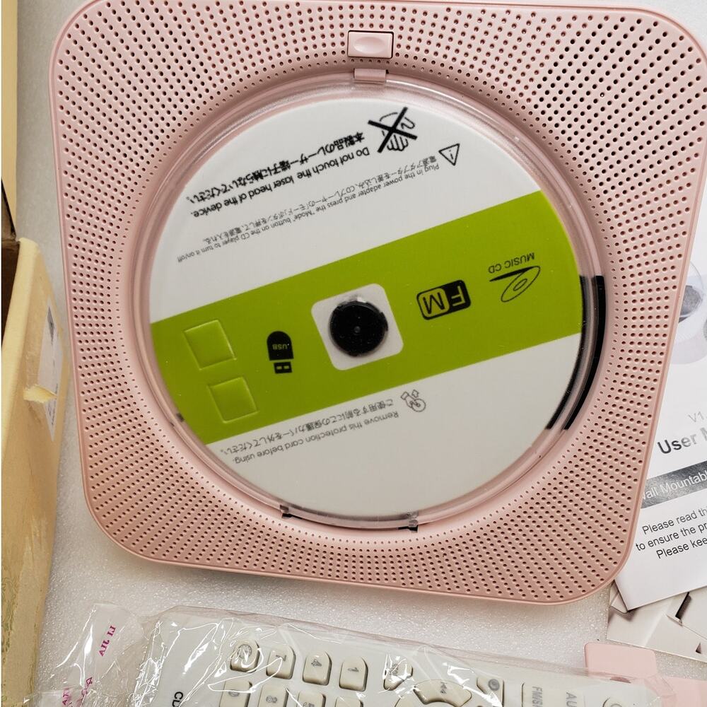 Bluetooth Portable Home CD Music Player w Remote Control Timer. Pink. Boombox